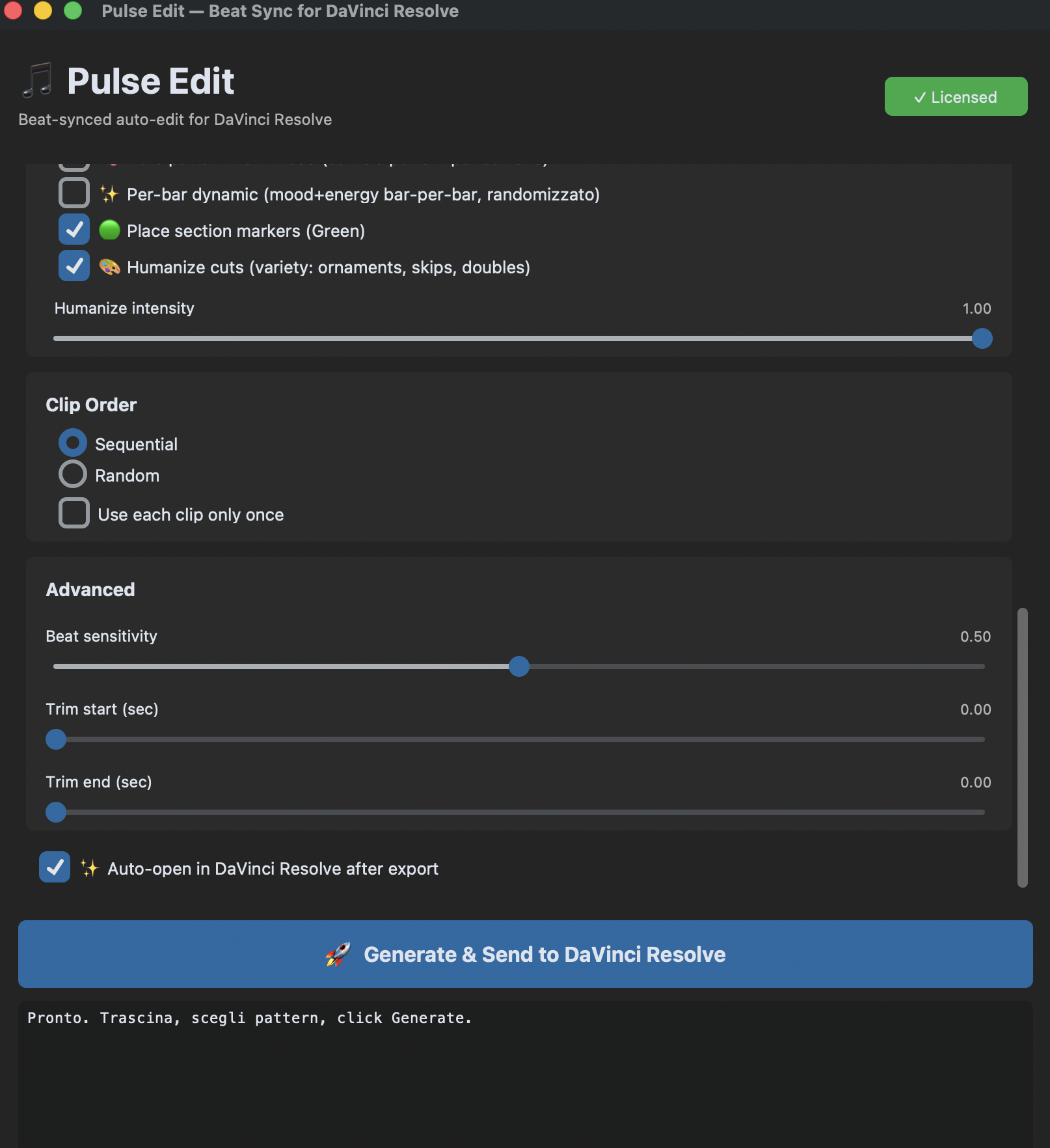 Pulse Edit Free advanced settings and the Generate and Send to DaVinci Resolve button